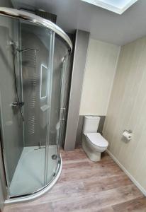 a bathroom with a shower, toilet, and tub at Doric House in Inverness