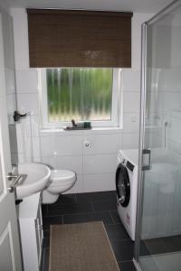uma casa de banho com um lavatório e uma máquina de lavar roupa em Haus Bootsmann em Krummhörn