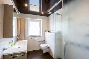 a bathroom with a toilet and a sink and a window at Ruhe und Entspannung in Erpolzheim