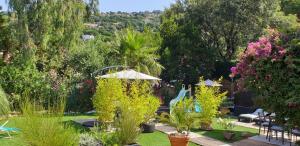 a garden with trees and plants and an umbrella at Maison Provencale in Cavalaire-sur-Mer