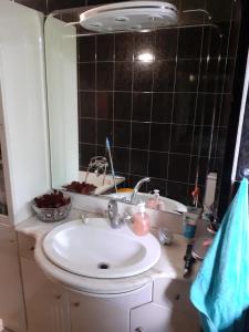 W łazience znajduje się umywalka i lustro. w obiekcie IOMAN HAUS w mieście Ikšķile