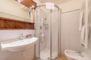 La salle de bains est pourvue d'un lavabo et d'une douche. dans l'établissement Hotel Panda Cortina- ricarica auto elettriche, à Cortina dʼAmpezzo