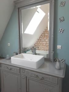 a bathroom with a sink and a large mirror at Les Hortensias-chambre chez l'habitant in Bretteville-du-Grand Caux