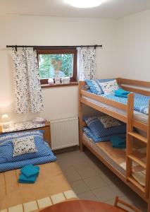 a room with three bunk beds and a window at Na samotě u lesa -Rasovna in Mšecké Žehrovice