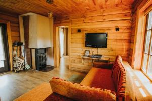 a living room with a couch and a television at Guest House Baltās Dūjas in Saulkrasti