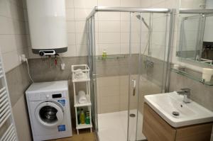 W łazience znajduje się pralka i umywalka. w obiekcie Apartmán Bezkov 108 w mieście Bezkov +18 zdjęć
