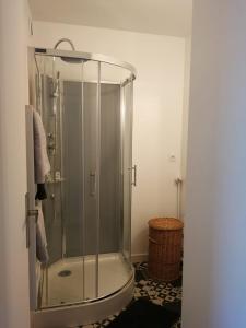 eine Dusche mit Glastür im Bad in der Unterkunft La croisette in Bernières-sur-Mer
