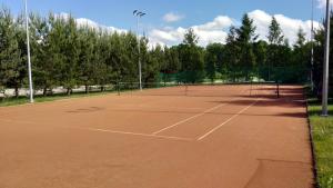 a tennis court with a net on it at Brzozowy Zakątek in Budry