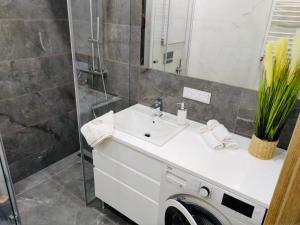 a bathroom with a sink and a washing machine at Apartament Złota Brama in Ełk