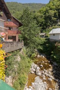 a river in front of a house with a building at Apartment Bohinj in Bohinj