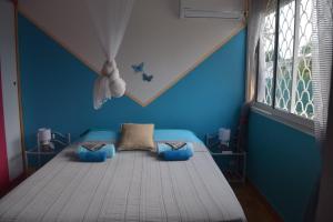 a bedroom with a bed with blue walls and a window at Le Paradis des Doudous/Résidence Corail in Sainte-Anne