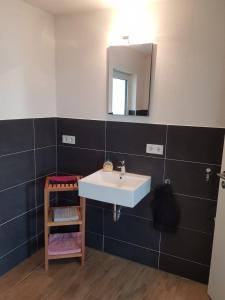 a bathroom with a white sink and a mirror at Staufenalpe Hohenstaufen in Göppingen