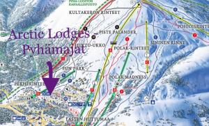 un primo piano di una mappa di Arctic Lodges Lapland Ski in, slopes, ski tracks, National Park, free Wi-Fi - Lapland Villas a Pyhätunturi
