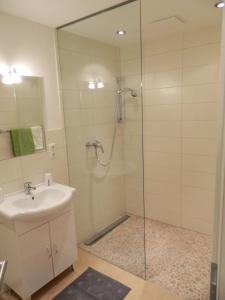 ein Bad mit einer Dusche und einem Waschbecken in der Unterkunft Haus 4 Holidays in Bramberg am Wildkogel