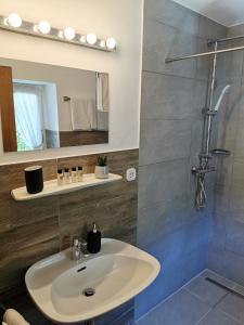 y baño con lavabo y ducha. en Ferienwohnung Saunahaus, en Annaberg im Lammertal