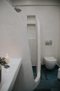 uma casa de banho com um chuveiro, um WC e uma vela em Manthos Place em Mylopotas