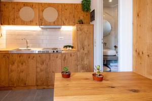 una cocina con armarios de madera, fregadero y macetas. en Spiros Family Apts, en Laganas