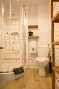 a bathroom with a toilet and a shower at Dom Rybaka apartament 4 in Ustka