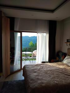 a bedroom with a bed and a view of a balcony at Apartment Deluxe Sunny Valley Milmari S8 in Kopaonik