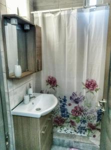 a bathroom with a sink and a shower curtain with flowers at Apartament la dudu in Sulina +14 photos