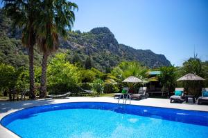 ein Schwimmbad mit einem Berg im Hintergrund in der Unterkunft Portalimo Lodge Hotel - Adult Only +12 in Cıralı