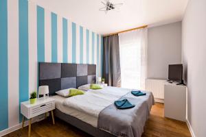 1 dormitorio con 1 cama grande y TV en Apartamenty pod Modrzewiem, en Ustronie Morskie
