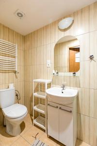 a bathroom with a white toilet and a sink at Apartamenty pod Modrzewiem in Ustronie Morskie +104 photos