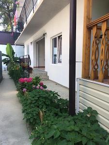 un jardin de fleurs et de plantes à côté d'un bâtiment dans l'établissement Guest House Berezhok, à Loo
