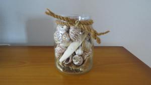 a glass jar filled with shells on a table at Apartamentos Orzola in Orzola