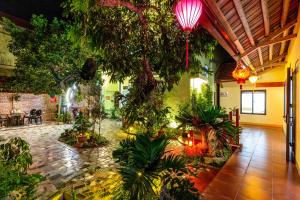 um pátio com plantas e luzes num edifício em Tam Coc Lotus Flower Homestay em Ninh Binh