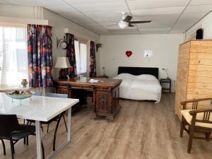 a bedroom with a bed and a desk and a table at Rumah Senang in Den Helder