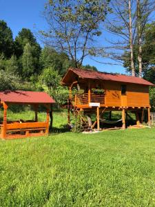 a log cabin with a gazebo in the grass at Domeniul Horj Casa din Cireș Moisei in Moisei