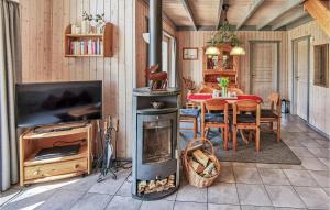 a living room with a wood stove and a table at Amazing Home In Rechlin With Kitchen in Rechlin