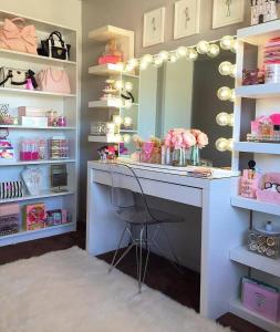 a dressing room with a desk and a mirror at BARBIE HOUSE ,OPPOSITE The BEACH & PIER ,2 GROUND FLOOR APARTMENTS each with Private Car space & Garden , Free Access next Door to the Stunning BALLET & MAKE UP SCHOOL & a Beautiful LADYS BEAUTY SALON in Paignton