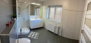łazienka z toaletą, umywalką i prysznicem w obiekcie Apartamenty Starowiejska w Gnieźnie +11 zdjęć