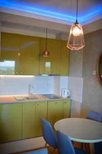une cuisine avec des placards verts et une table avec des chaises dans l'établissement Apartman Obradović, à Zlatibor