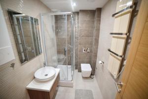a bathroom with a shower and a sink and a toilet at Mount Inn Obradović in Zlatibor