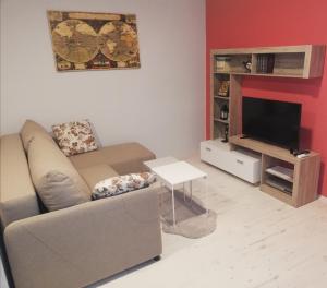 ein Wohnzimmer mit einem Sofa und einem TV in der Unterkunft Apartman Park in Subotica
