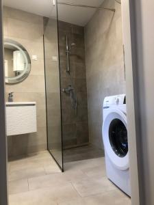 łazienka z prysznicem i pralką w obiekcie Apartment Andreja, Opatija city center w mieście Opatija +37 zdjęć