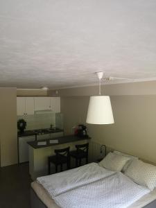 ein Schlafzimmer mit einem Bett und eine Küche mit einem Tisch in der Unterkunft Kvamsdal Pensjonat 4 in Eidfjord