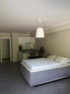a bedroom with a large bed and a kitchen at Kvamsdal Pensjonat 4 in Eidfjord