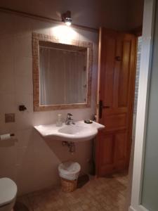a bathroom with a sink and a mirror and a toilet at Casa Rural Boletas in Loporzano