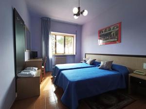 a blue bedroom with two beds and a window at Hotel Santa Maria Del Bagno in Pesche