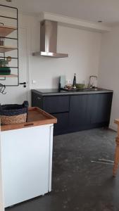 a kitchen with black cabinets and a counter top at Het Windekind in Grijpskerke