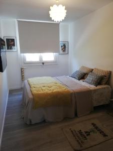 um quarto com uma cama, uma janela e um lustre em BEACH-CITY 3 PIECES em Saint-Raphaël