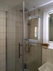 a shower with a glass door in a bathroom at Ferienwohnung Küstenklang in Breege +16 photos