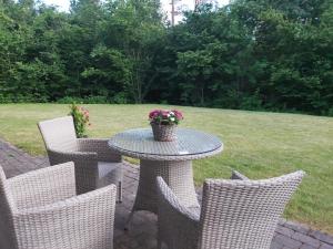 a table and chairs with a potted plant on it at Huset i skogen in Moss