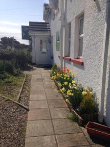 a sidewalk next to a building with flowers next to it at Finn McCools Giants Causeway Hostel in Bushmills