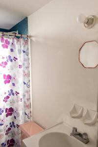 uma casa de banho com um lavatório e uma cortina de chuveiro em Departamento 7/7 em Tlaxcala de Xicohténcatl