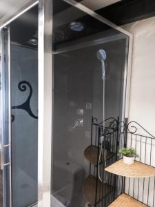 a glass shower door with a black snake on the wall at Ti Baou in Châteauneuf-du-Faou +36 photos